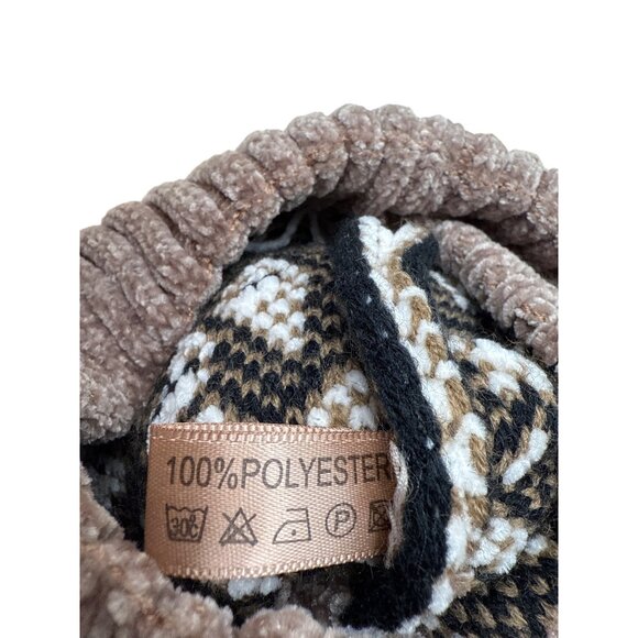 Leopard Print Knit Beanie With Faux Fur Pom Brown Ribbed - Picture 6 of 7